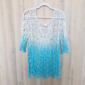 Aqua Blue Womens Crochet Top Sz L/XL Cream Blue Ombre Boho Beach Resort Festival